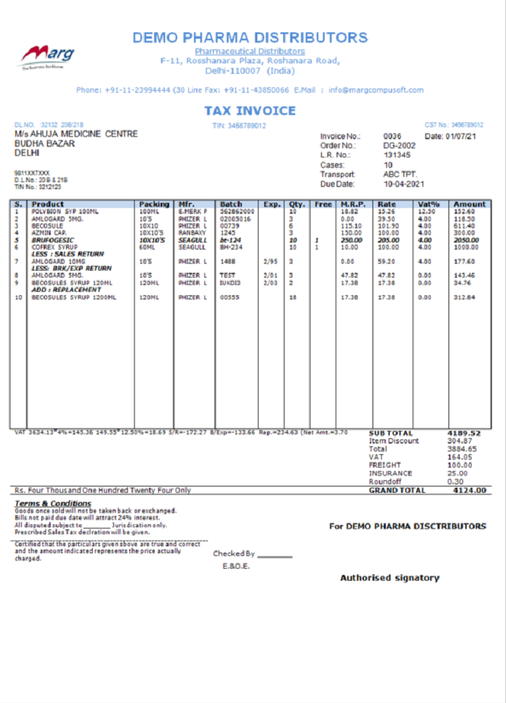 India Demo Pharma Distributor medicine consultancy services invoice PSD template